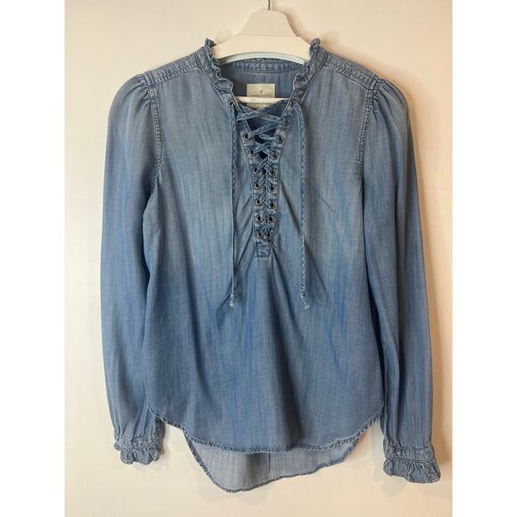 American Eagle Woman’s Chambrey Lace Up Top Small Boho Preppy - Picture 5 of 7